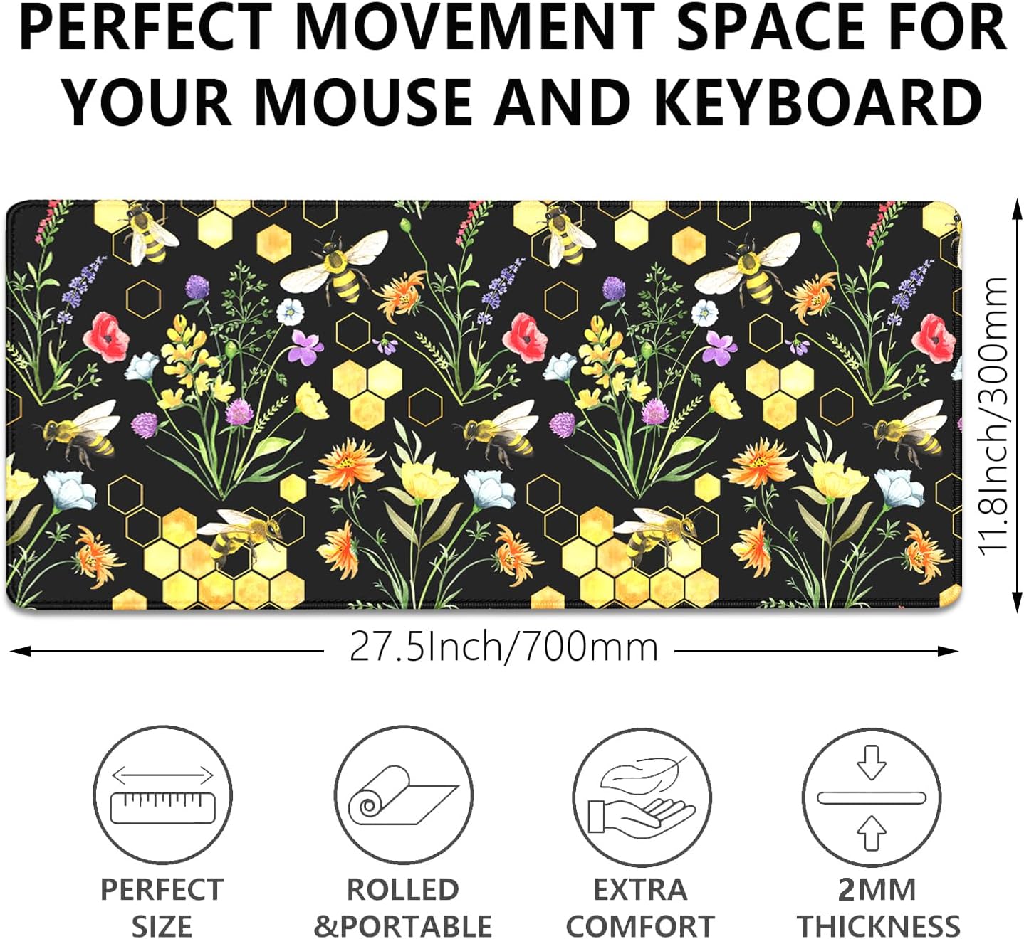 Bees and Honeycombs Mouse Pad,XL Large Wildflowers Mousepad Desk Pad with Stitched Edges,Non-Slip Waterproof Rubber Base Mouse Mat Desk Mat for Office Computer Keyboard Laptop Home(27.5x11.8 in)