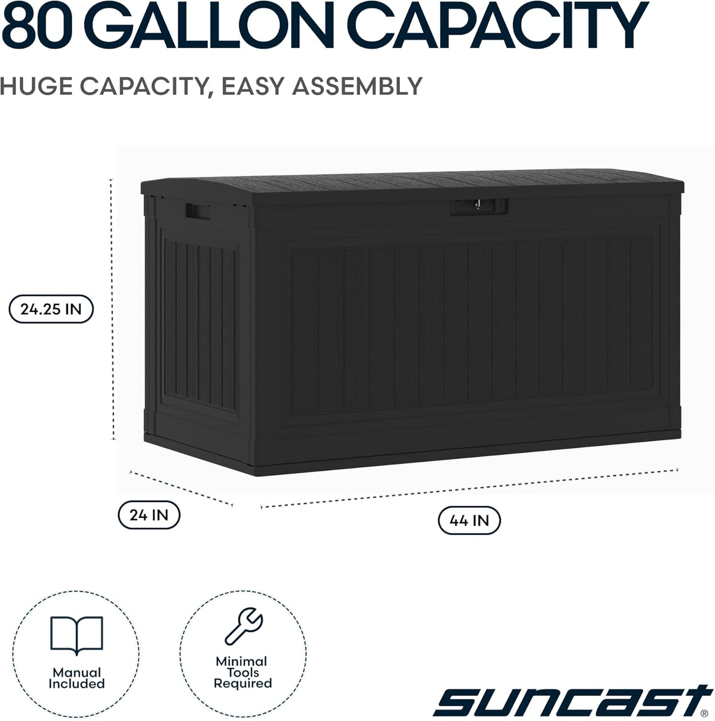 Suncast 80-Gal. Waterproof Resin Large Outdoor Patio Deck Box with Pad-Lockable Lid, Modern Outdoor Patio Bench/Storage Box for Cushions, Garden Tools, and More, Iron Ore