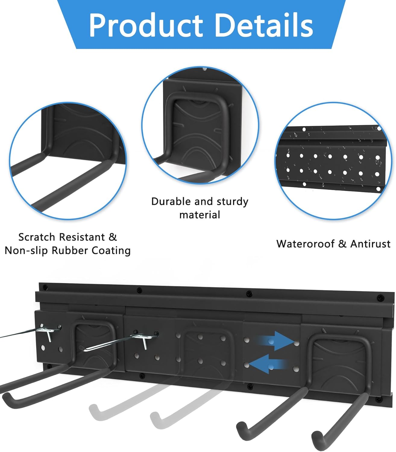 48 Inch Garage Storage Rack, Heavy Duty Wall Mount Organizer with 3 Metal Track Rails and 16 Hooks, Compatible with Pegboard and Slatwall, Black