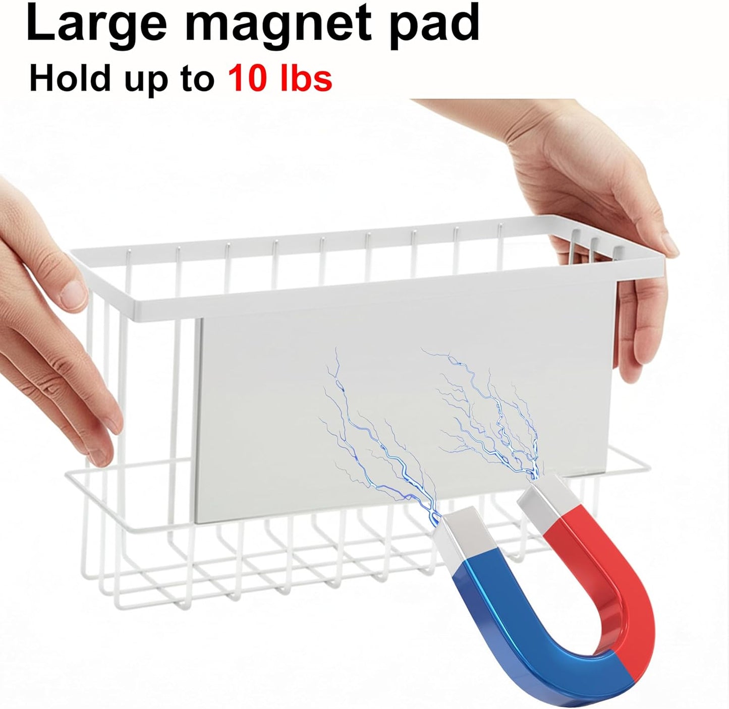 Magnetic Basket for Fridge, Magnetic Fridge Basket, Foil and Plastic Wrap Organizer with 4 hooks, Laundry Room Organization for Dryer Ball, Cling Film, Mail, Umbrella, White, 2 Pack