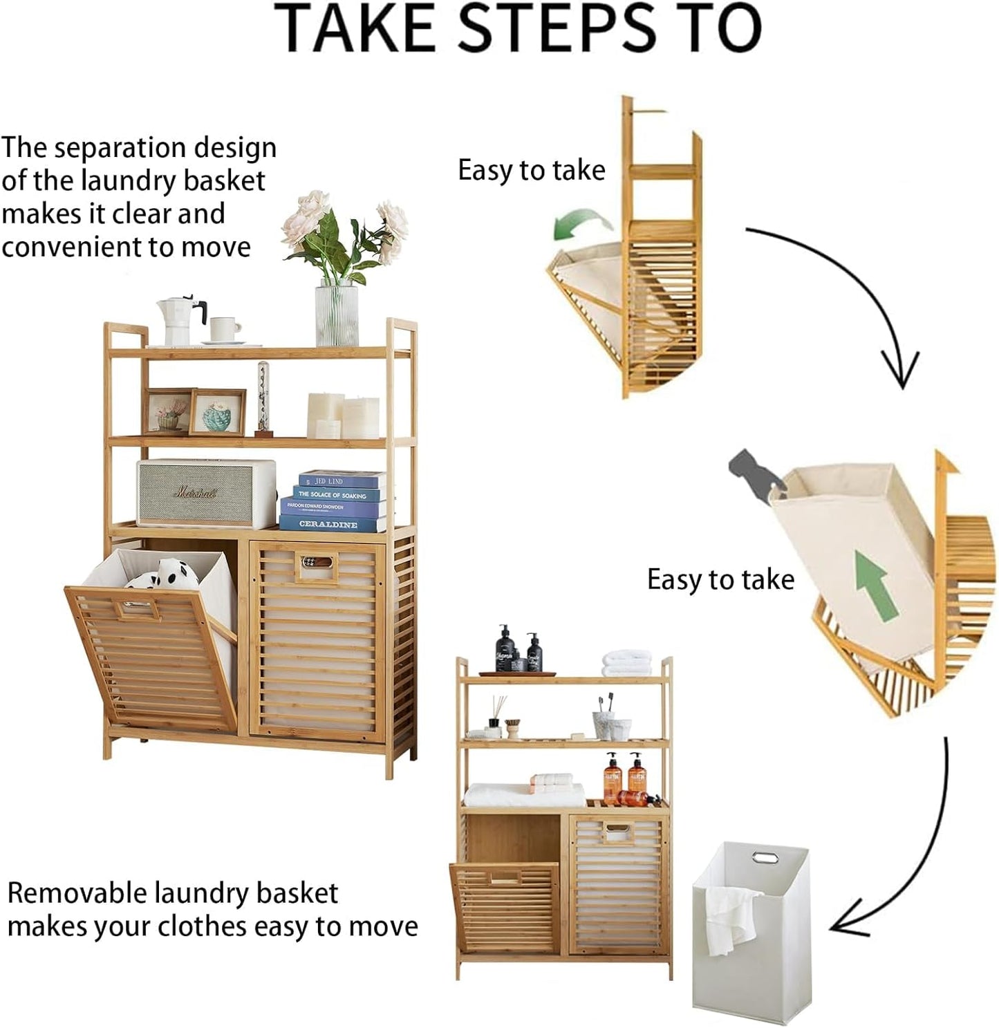 Double Tilt Out Laundry Hamper, Bamboo Hamper with 2 Removable Bags, Pull Out Laundry Hamper Cabinet, Bathroom Storage Shelf for Laundry Room, Living Room, Bedroom (3-Tier, Natural)