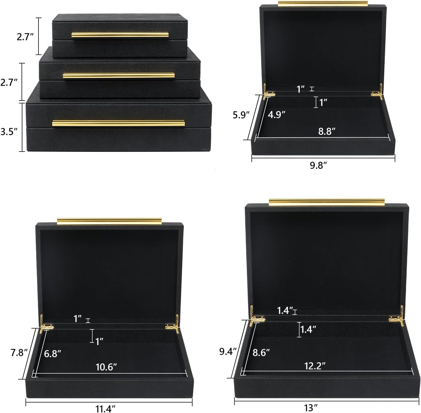 Faux Shagreen Leather Jewelry Storage Boxes Set of 3 with Gold Handles, Velvet Lined Stackable Organizer for Women, Vanity, Dresser, Gift, Black