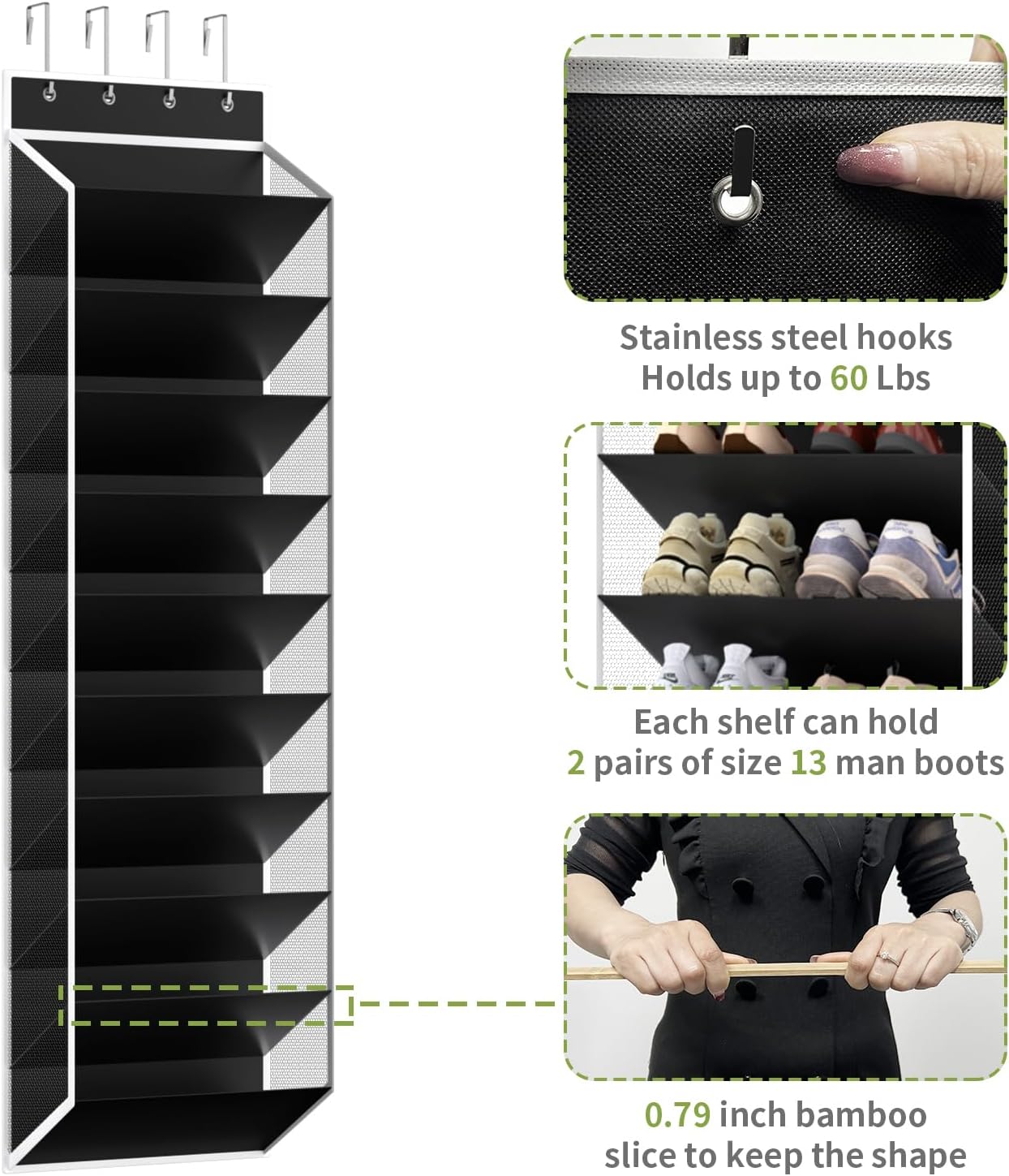KEEPJOY 10 Tiers Mesh Over Door Shoe Organizer Storage, Hanging Shoe Holder for Door with Large Deep Pockets, Fit 20-30 Pairs Shoe Rack for Sneakers, Boots.(Black)