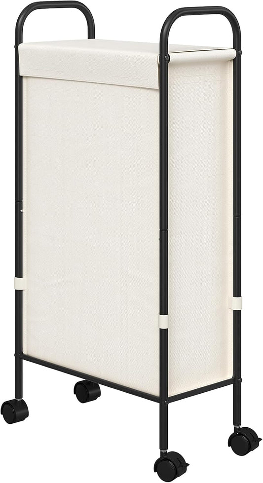 ELYKEN Slim Laundry Hamper with Lid, 50L Small Rolling Laundry Basket on Wheels, 7.9” Narrow Dirty Cloth Cart with Removable Inner Bag for Small Bathroom, Bedroom, Creamy