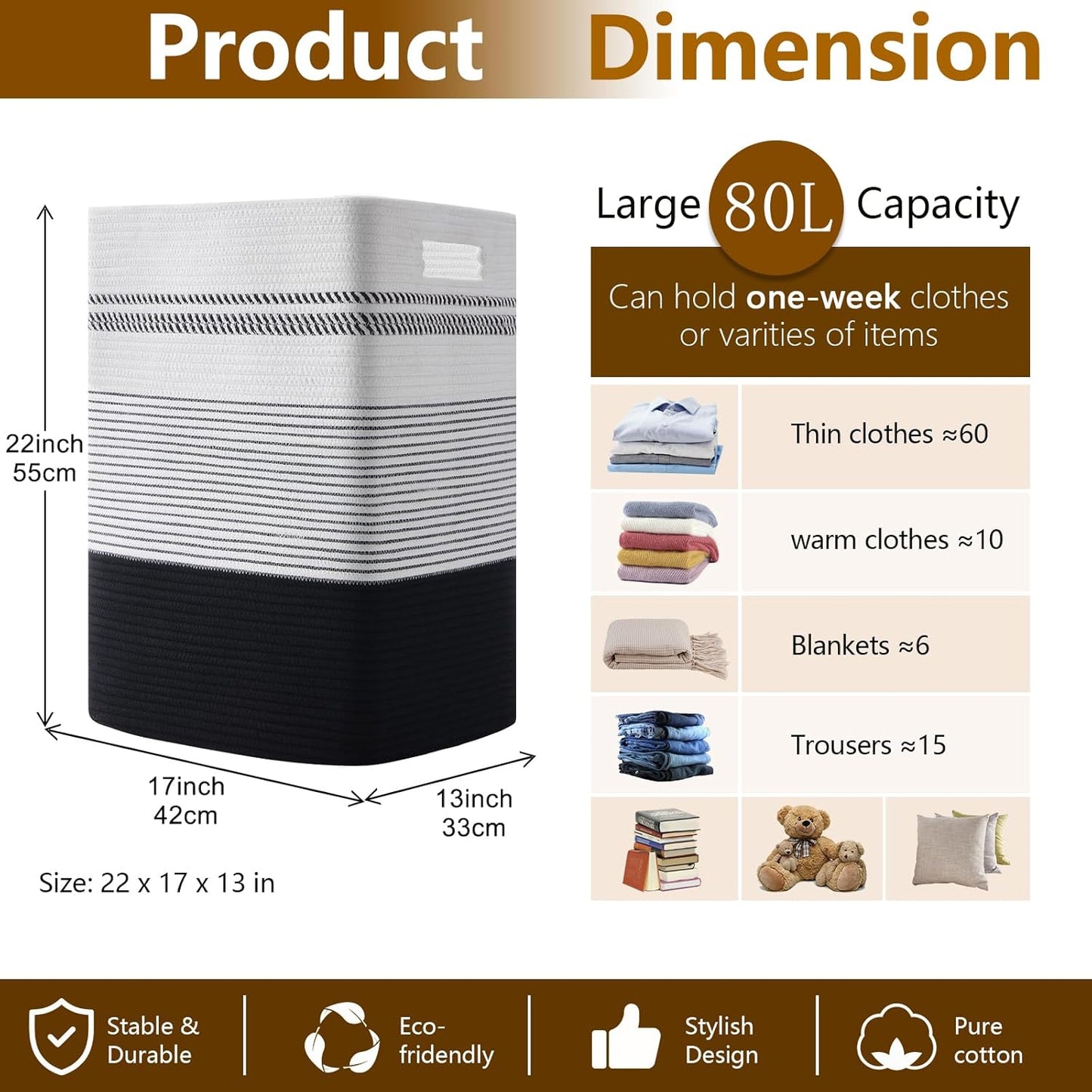 Laundry Hamper, Large Woven Rope Tall Laundry Basket with Handles, 22" X 17" X 13", Decorative Storage Basket for Clothes and Blankets in Living room, Bedroom, Black& White