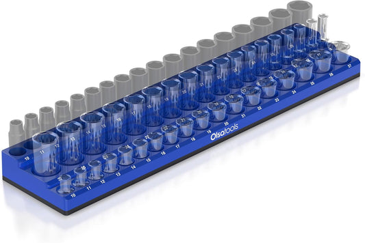 Olsa Tools Magnetic Socket Organizer (1/2-Inch Drive, 3 Row) - Magnetic Tool Organizer & Socket Holder - Tool Box Socket Organizers - Metric Blue - Holds 54 Sockets - Professional Grade - Part: 1555
