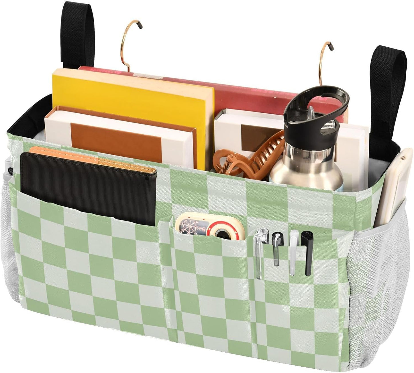 Checkered Mint Green and White Bedside Caddy for Dorm Bed Bedside Hanging Caddy Bag Iron Frame Storage Organizer Pocket for Bunk Home College Hospital Beds 2 Hooks