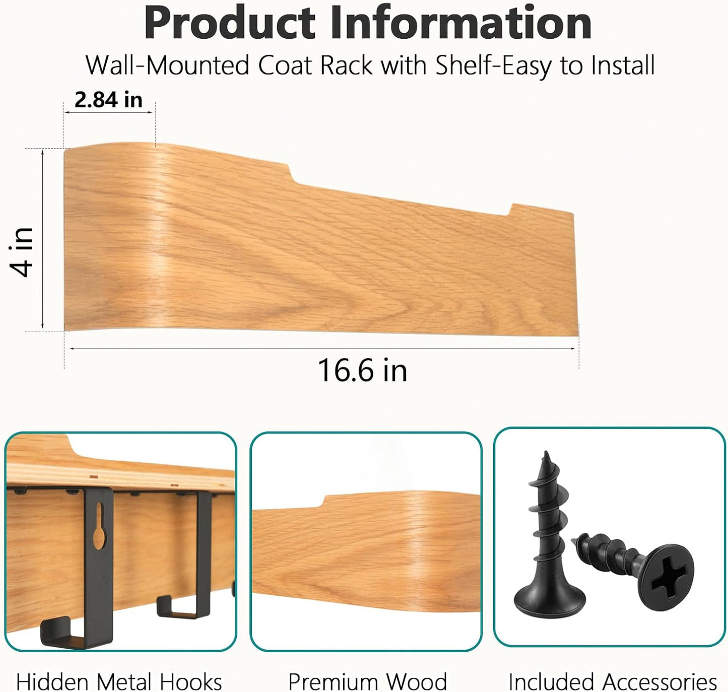Coat Rack Wall Mount with Hidden Hooks Modern Key Holder Wood Entryway Hook with Shelf for Bedroom Kitchen Hallway Bathroom Designed for Hanging Coats Hats Bags Towels Dog Leashe(Oak,4 Hooks)