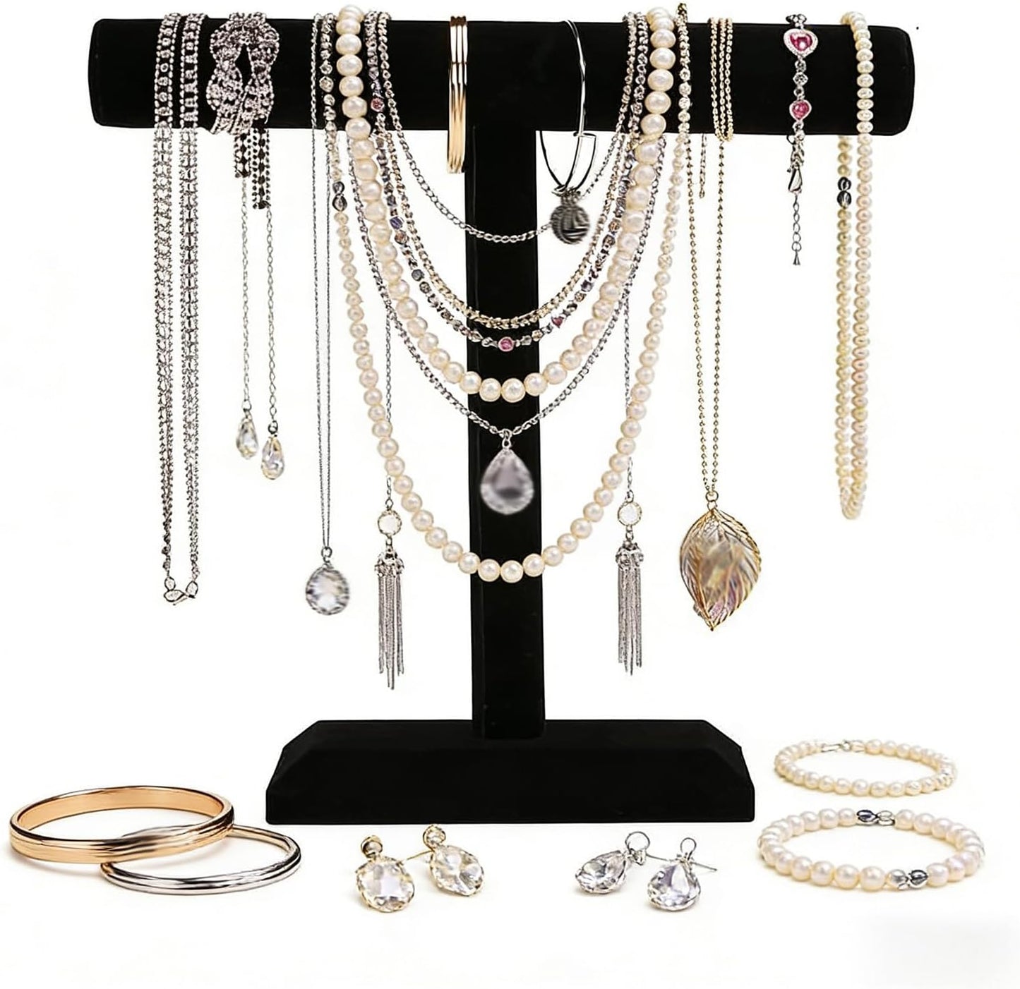 Barelove Jewelry Stand Display 1 Tier, Black Velvet T-Bar Bracelet Watch Bangle Necklace Holder for Organization Showcase or Store Display