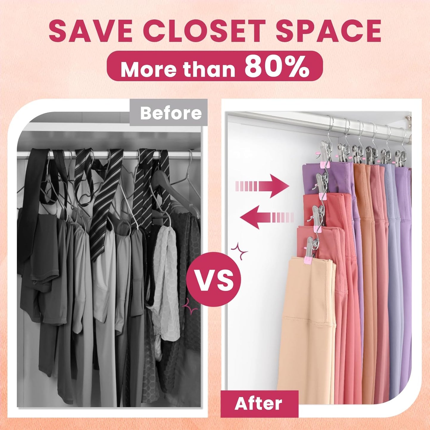 50 Pack Pants Hangers with Clip,Legging Organizer for Closet Hanging, Space Saving Yoga Pants Hangers Clip Hanger Wardrobe Organization,Closet Organizers and Storage for Jeans,Shorts,Skirts,Hats-Pink