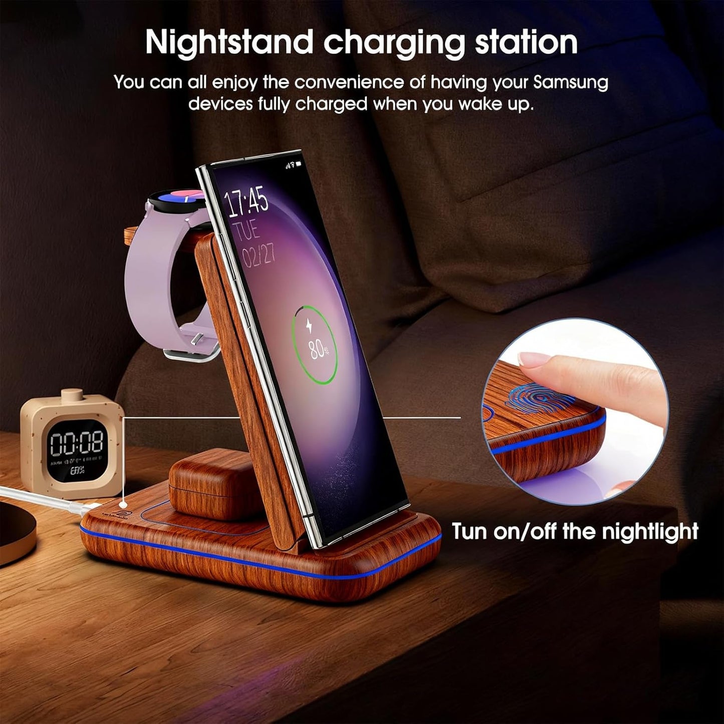 Wireless Charging Station for Samsung/Android, Fast Wireless Watch Charger Station Compatible for Samsung Galaxy S25 Ultra/S24/S23+/Z Flip 7/6 Fold 7/6, Watch8/7/Pro/Active 2 Galaxy Buds3/2 Pro(Wood)