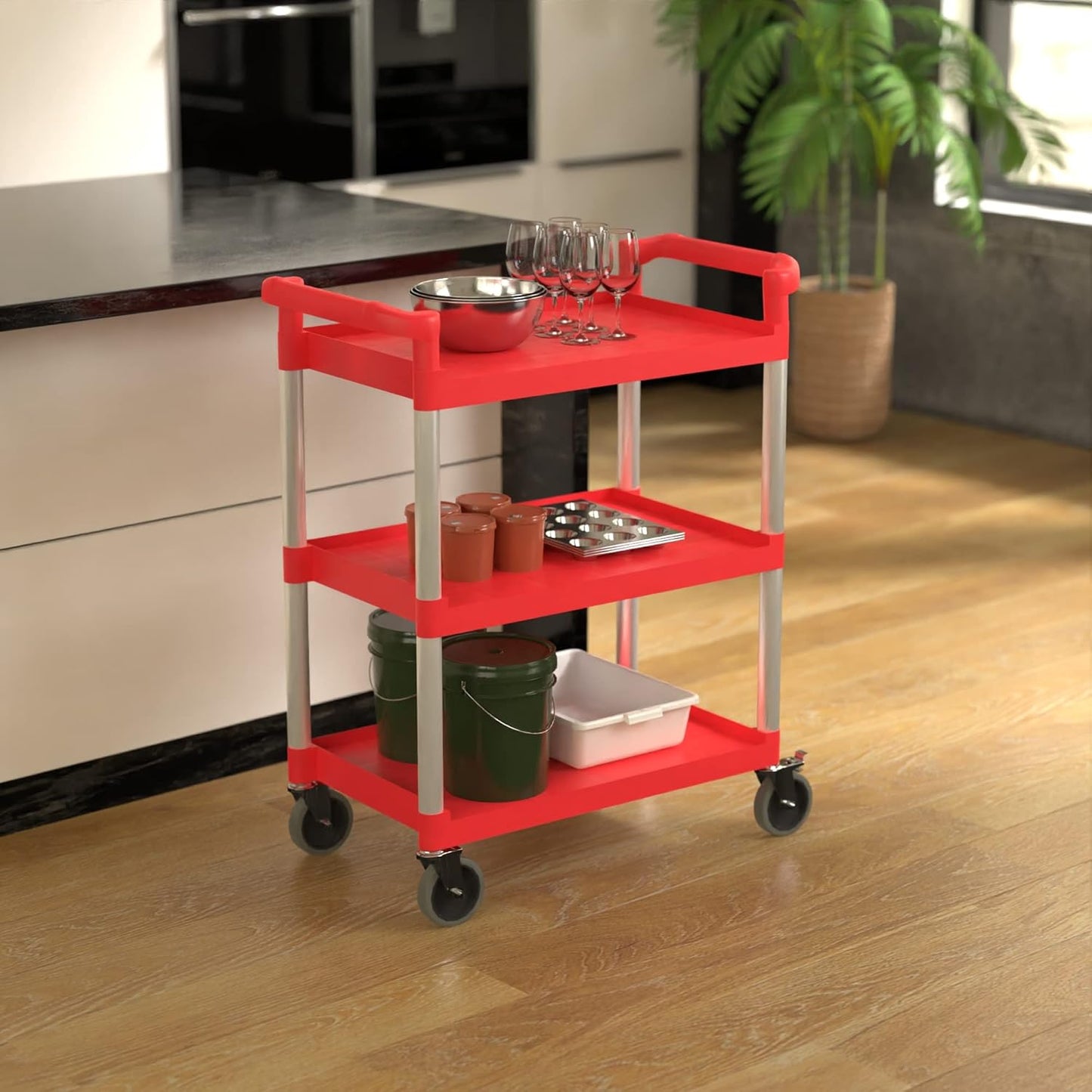 Red Utility/Bussing Cart with Three Shelves - 32" x 16"