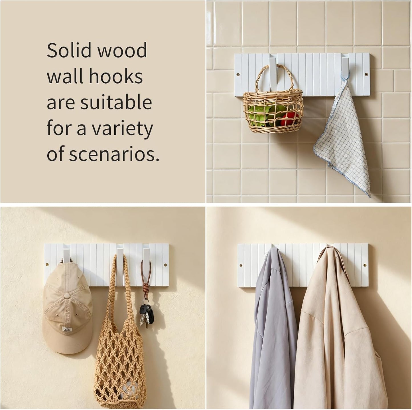 Coat & Hat Hooks Wall Mount with Key Holder, Wall Mounted Coat Rack with 9 Retractable Hangers, Solid Wood Slim Key Holder for Entryway Decor, 17in Natural Finish