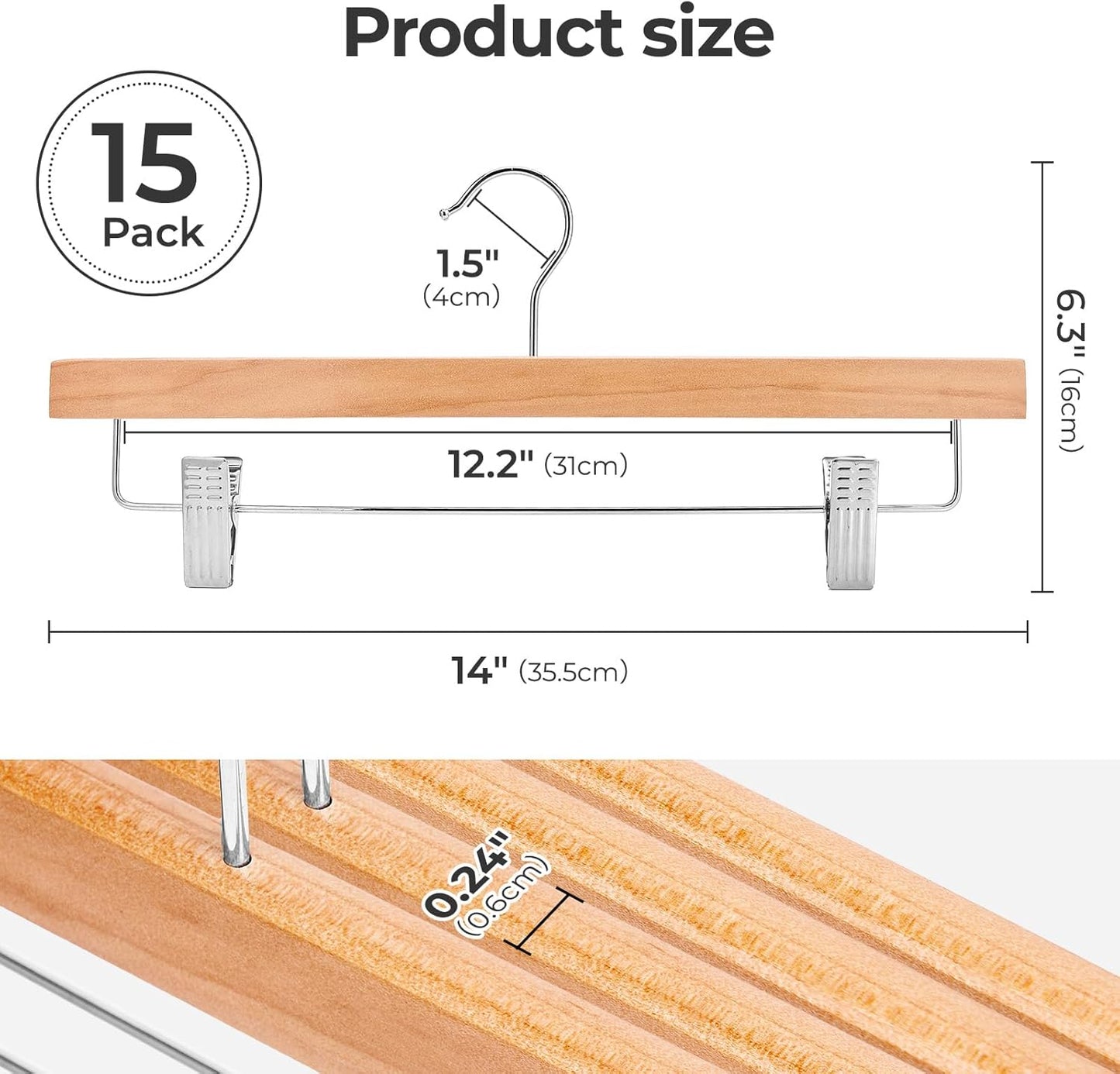 HOUSE DAY Premium Wooden Pants Hangers 15 Pack, Solid Lotus Wood Skirt Hangers with 2-Adjustable Clips, Heavy Duty & Anti Slip Wood Bottom Hanger for Slacks, Jeans, Trousers, Shorts (Natural)