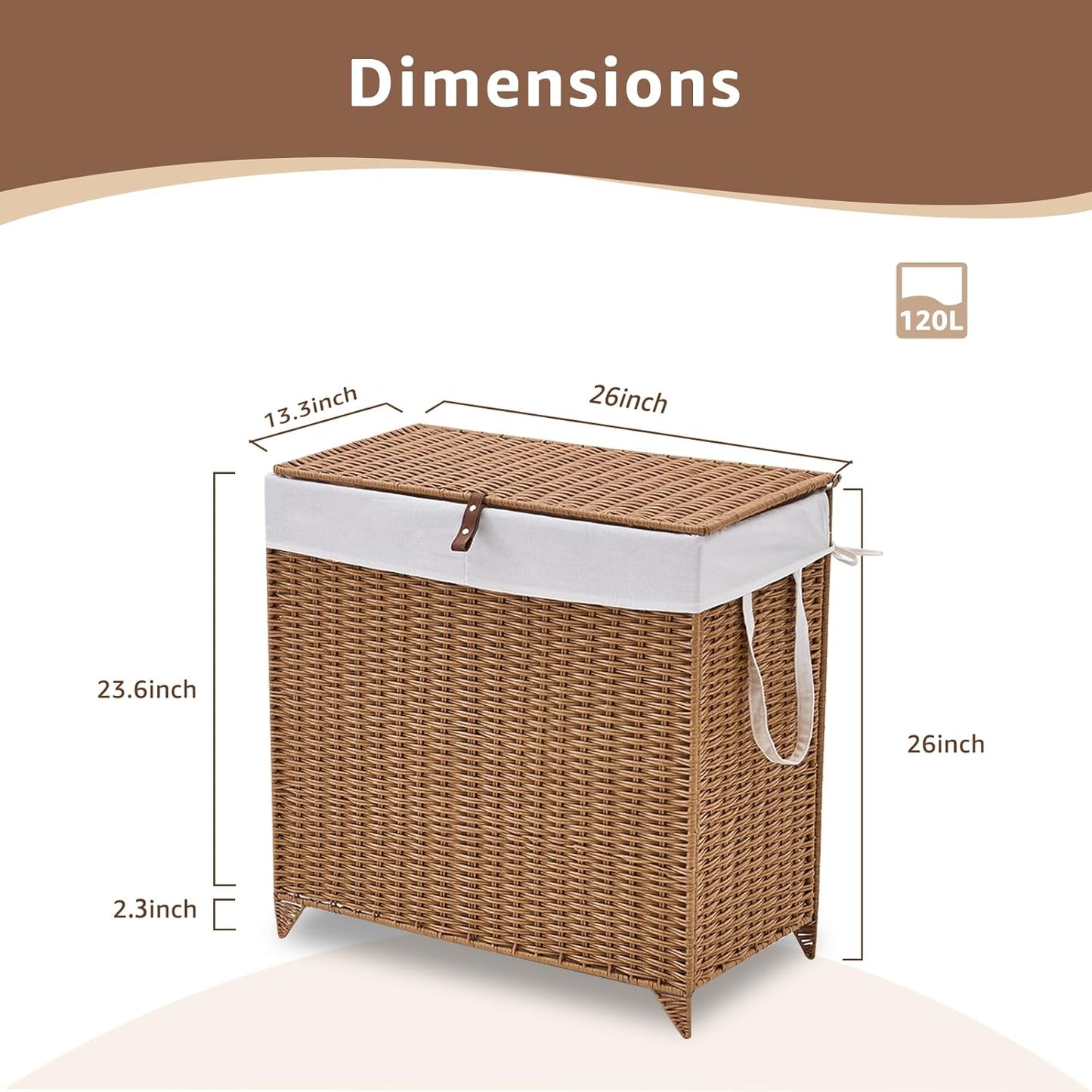 Laundry Hamper with Lid and Removable Liner Bag, Handwoven Rattan Clothes Hamper with Heightened Feet, Wicker Laundry Basket for Clothes and Towels，Large, 2-sections