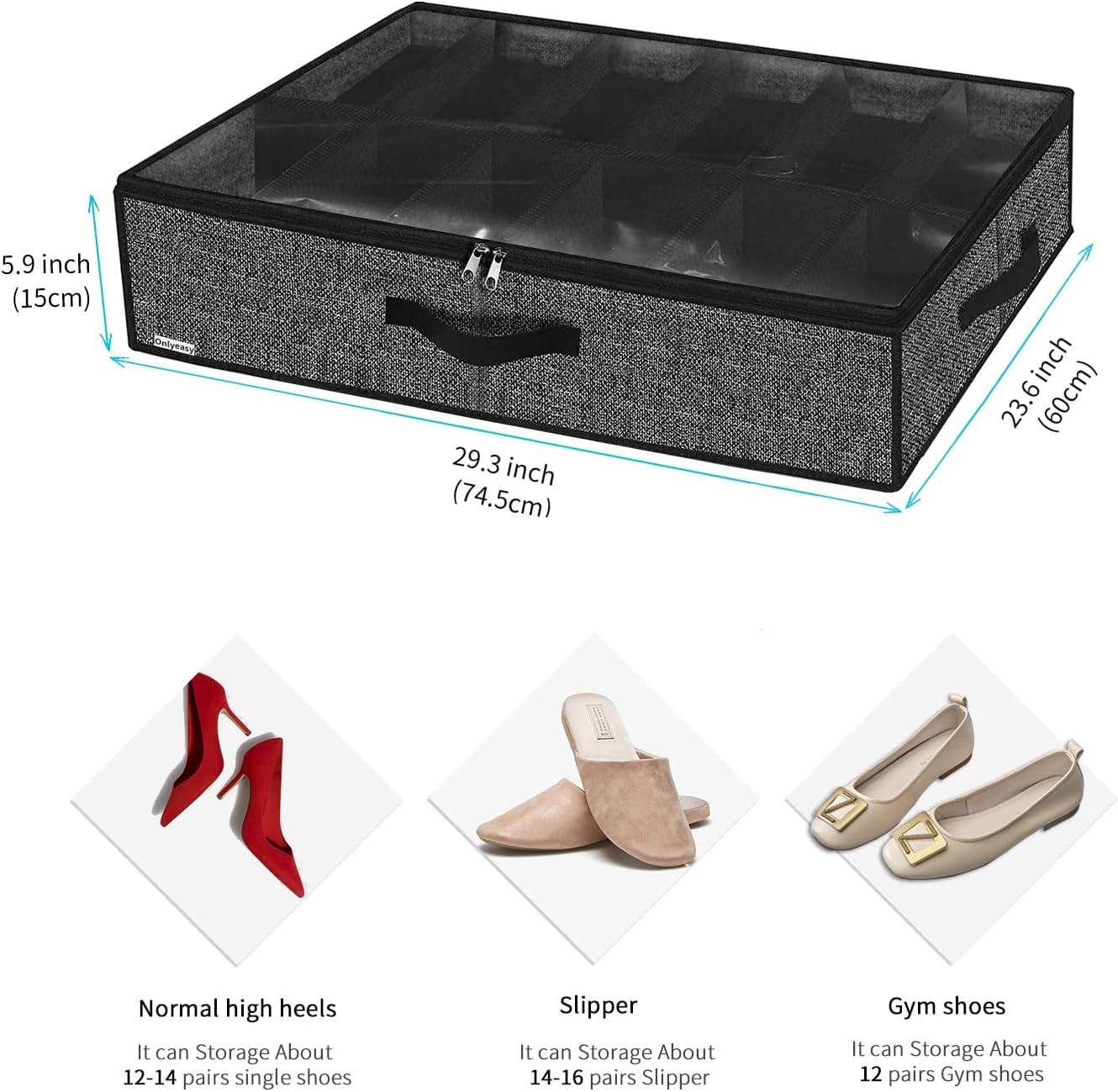 Onlyeasy Under Bed Shoe Storage Organizer with Sturdy Handles and Clear Window 1 Pack Fits 12 Pairs, Premium Foldable Underbed Shoes Container Box for Closet, Linen-like Black, MXAUBSB1P