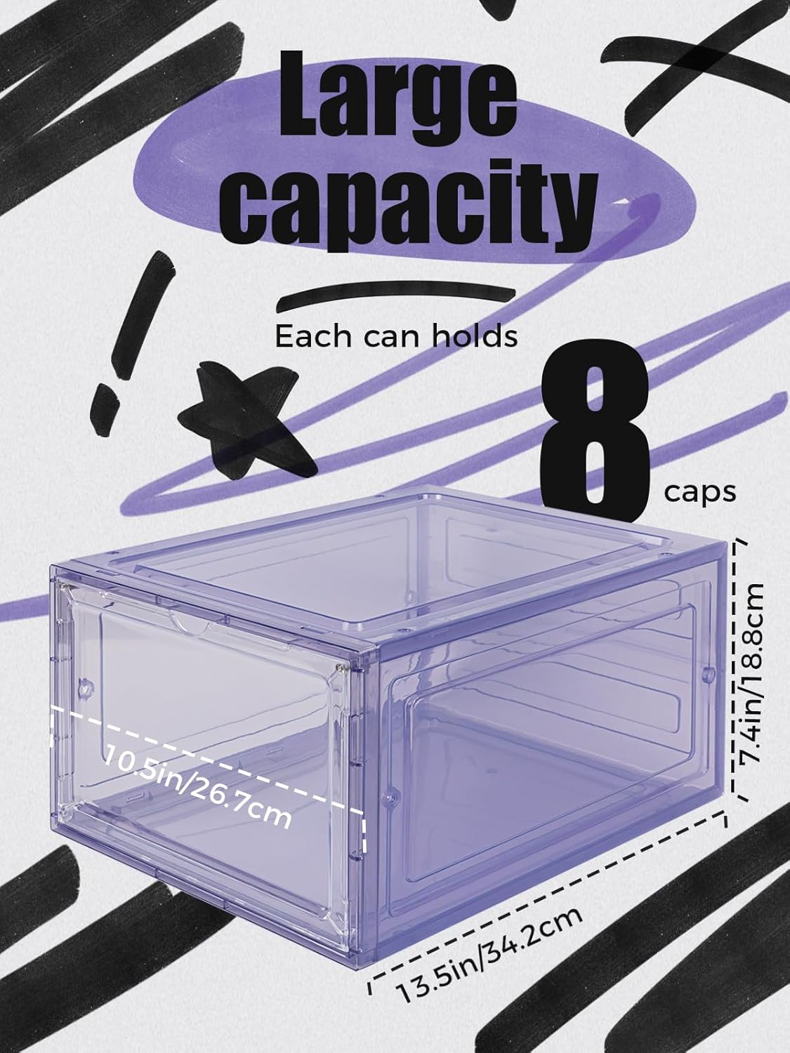6 Pack Hat Organizer Box, Stackable Clear Baseball Caps Holder Box Containers with Magnetic Door for Hats Snapback Cap Storag, Hat Rack Display Case, Holds 8 Hats Each (Purple)
