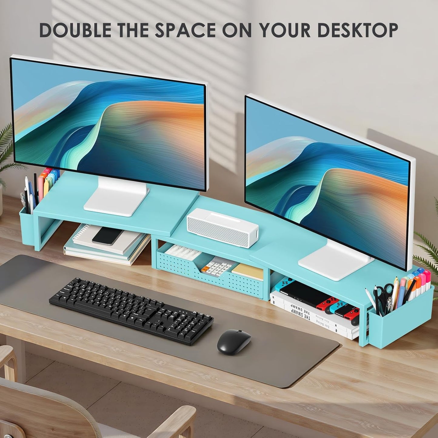 OPNICE Desk Organizers and Accessories, Dual Monitor Stand Riser with Drawer and 2 Pen Holders, Desk Shelf Metal Computer Monitor Stand for Office Workspace Organizers, Desktop Organization (Blue)