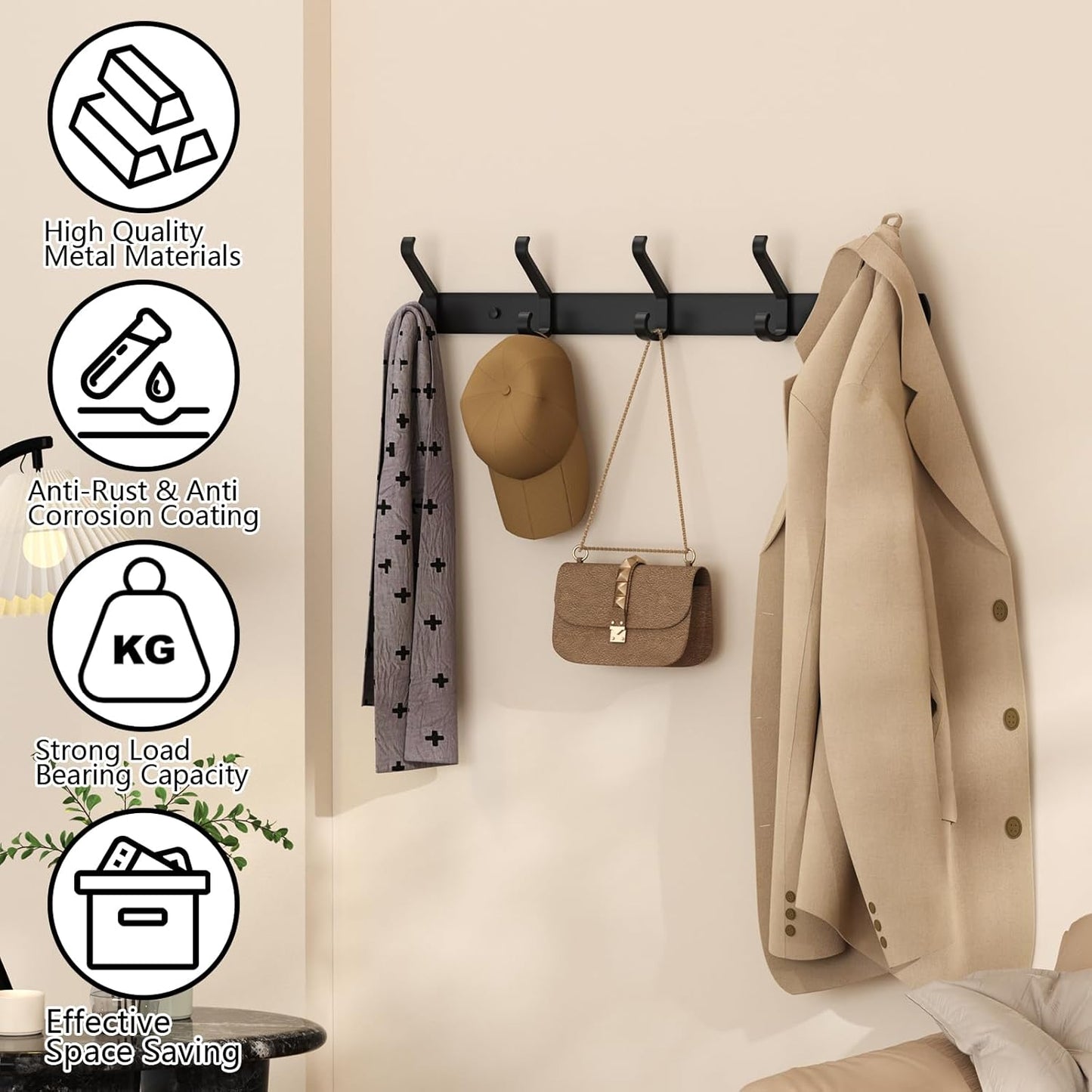 2 Pack Coat Rack Wall Mount,17.3 in Wall Hooks for Hanging, Coat Hanger Wall Mount Towel Rack Hat Rack for Wall with 10 Hooks for Entryway, Bedroom, Bathroom (Black)