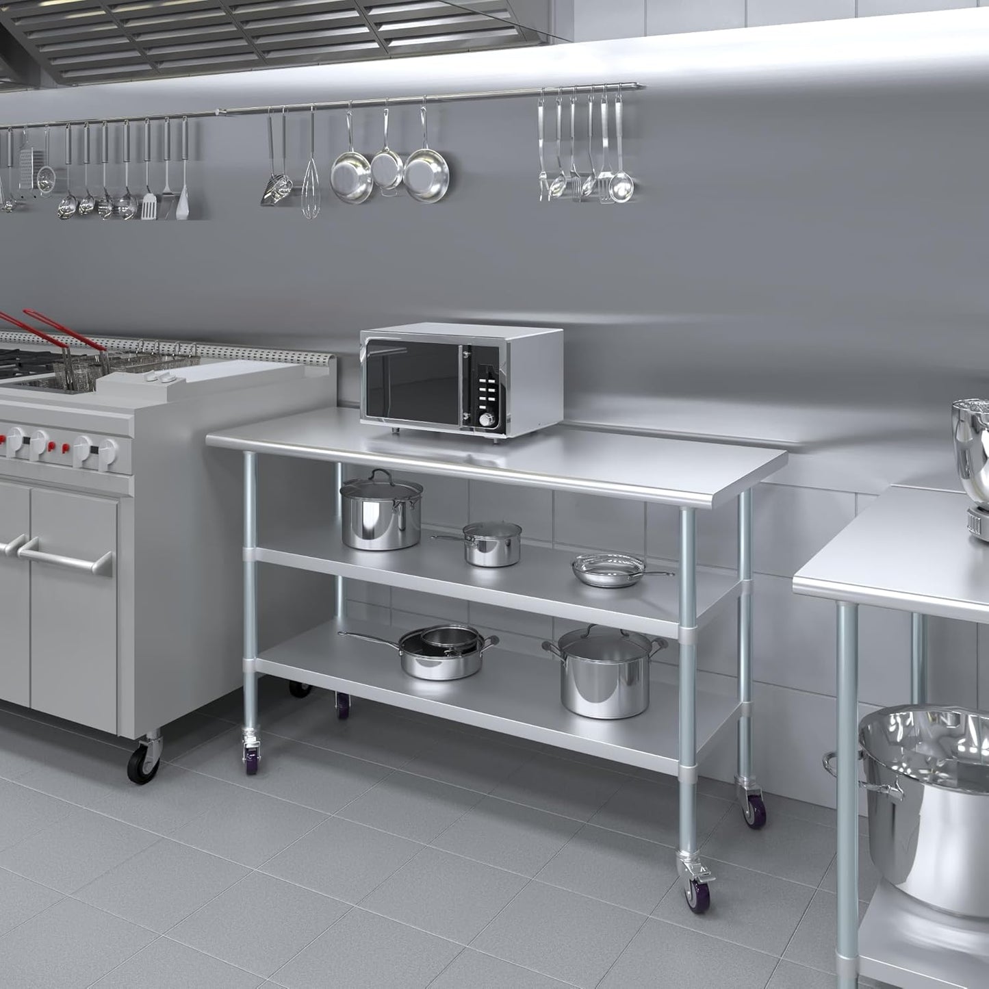 AmGood Stainless Steel Work Table with 2 Shelves and Casters | Metal Utility Table On Wheels (Stainless Steel Work Table with 2 Shelves + Casters, 60" Long x 24" Deep)