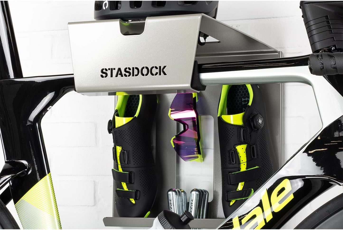 Stasdock Wall Bike Rack | Bike Storage Wall Mount System | For Race Bicycles (Silver Metallic) and Mountain Bikes | Bike Shelf | Indoor bike wall bracket | Stores helmet and shoes | Home and Garage