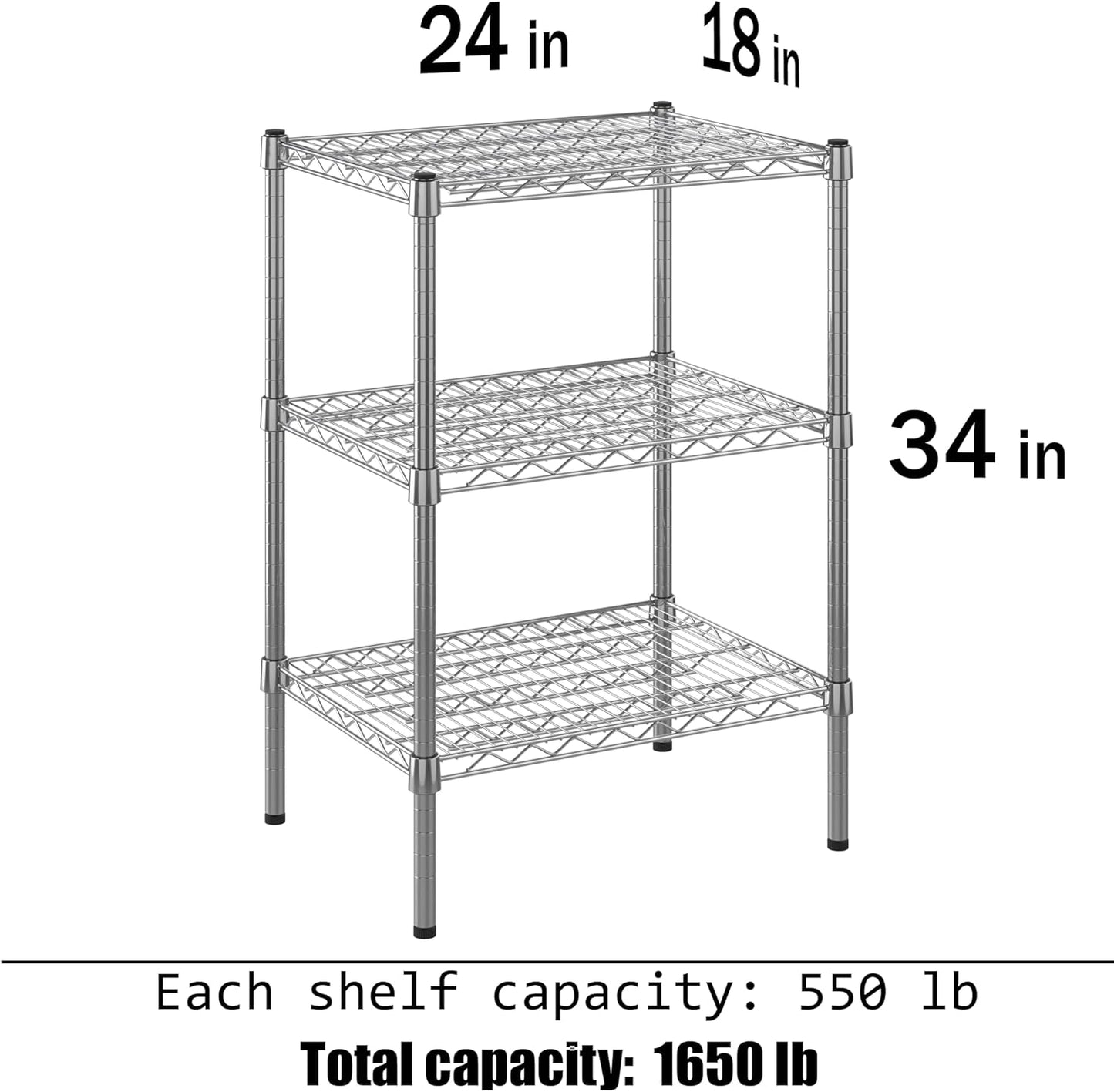 18" Deep x 24" Wide x 34" Height Wire Shelving Kit | 3-Tier |NSF Commercial Storage Rack Unit
