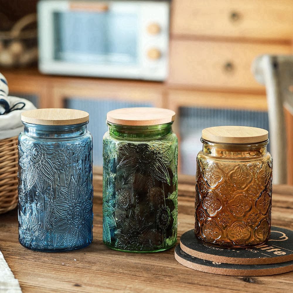 ANSQU Blue Glass Jars, 34oz Vintage Glass Kitchen Storage Counter Jar, Candy Jars with Lids, Decorative Mason Jars Hold Coffee Beans, Tea, Cookie, Sugar, Bath Salts (Blue, 2 Pack)