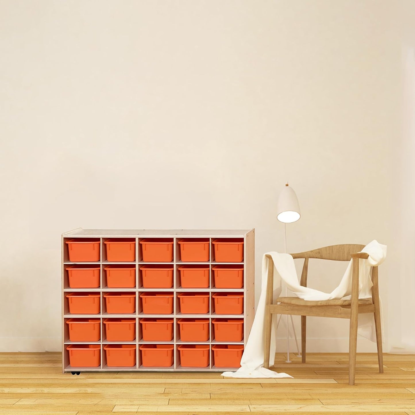 Contender 25 Block Storage Cabinet and Orange Bins, Wooden Toy Organizer, Art, Craft Supply Storage Unit in Natural Finish - Made in U.S.A., Greengaurd Gold Certified