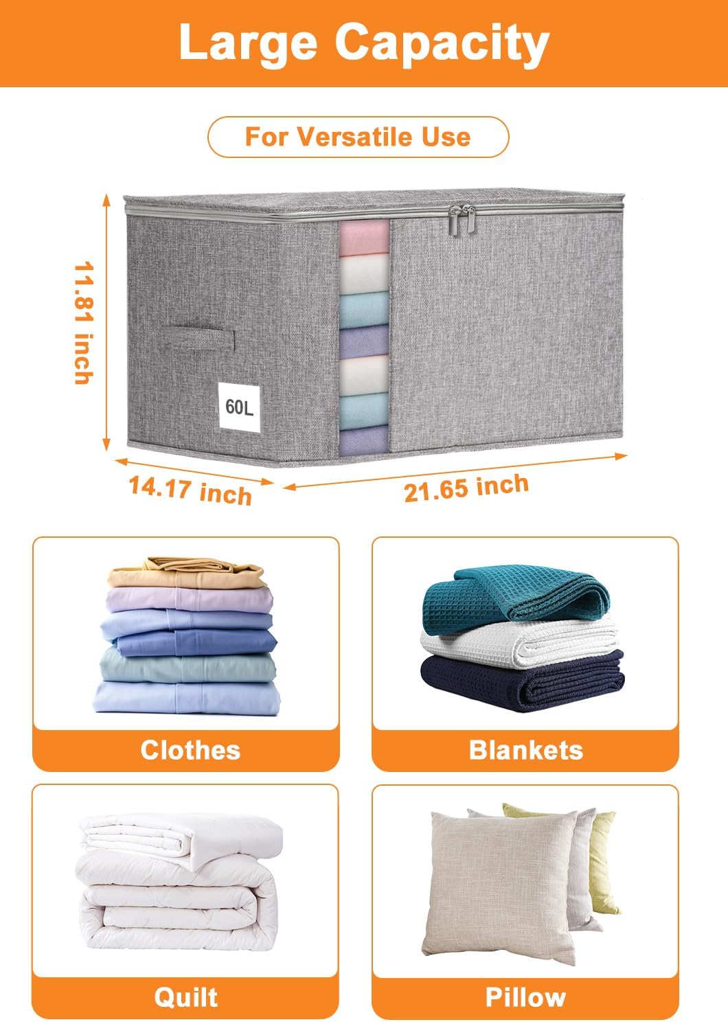 Punemi Large Clothes Storage Bags, 2 Pack Comforter Storage Bag with Sturdy Structure/Zipper for King/Queen Comforters Quilt Duvet Pillows Blankets, Closet Organizers, 21.7x14.2x11.8in