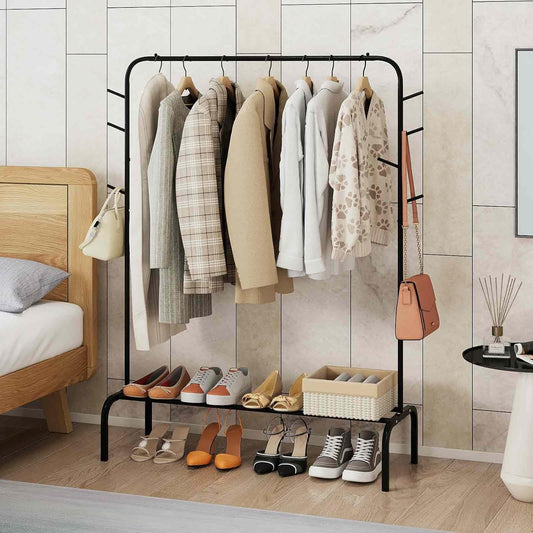 Giantex Clothes Rack for Hanging, 50" Wide Freestanding Garment Rack with Hanging Rod, 8 Hooks & Storage Shelf, Heavy-duty Metal Clothing Racks Wardrobe Organizer for Bedroom, Entryway, Laundry