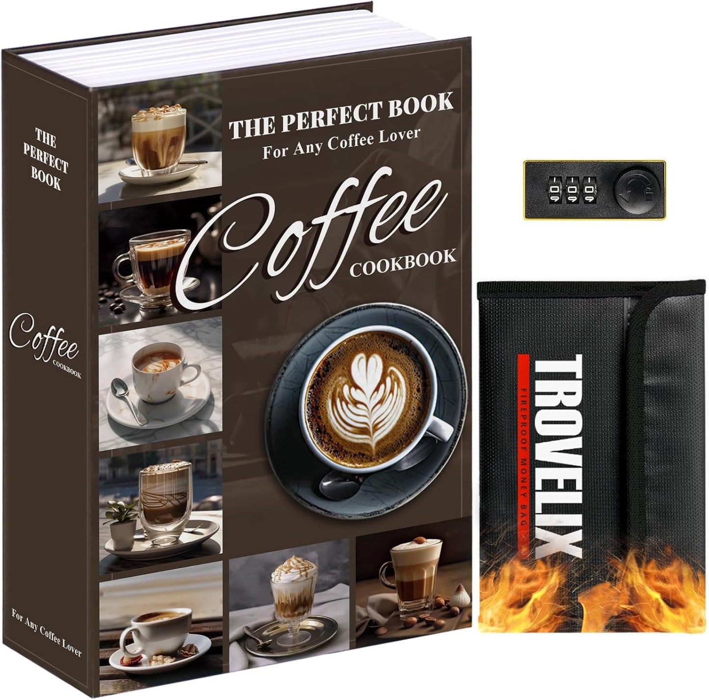 Diversion Safe Book Safe with Combination Lock, Hidden Safe (10.55 x 7.95 x 2.62 Inch) in Coffee Color, Steel Material, Waterproof and Fireproof with Fireproof Bag