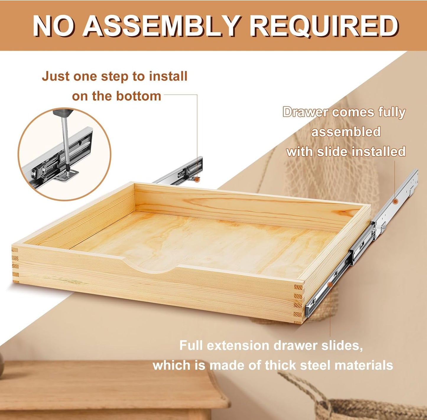 Menkxi 2 Set Pull out Tray Cabinet Organizer Wooden Pull Drawers storage Slide out Pantry Shelf for Base Cabinet Kitchen Gentle Close Fully Assembled Accessories(Wood Color,24'' X 21'' X 3'')