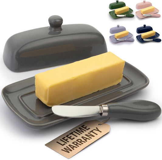 Zulay Butter Dish With Lid For Countertop - Porcelain White, Ceramic Butter Dish with Knob Handle Great for Cooking - Elegant Design Butter Holder - Durable & Sturdy Butter Keeper - Gray