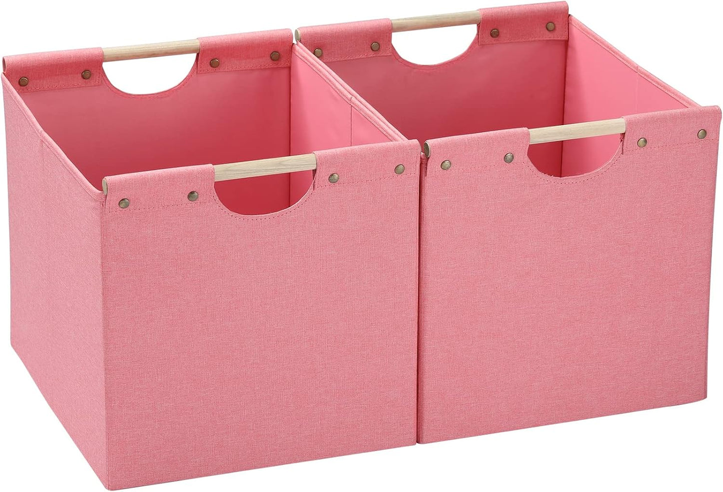HOONEX Large Foldable Storage Bins, Linen Fabric, Pack of 2, Storage Baskets with Wooden Carry Handles and Sturdy Heavy Cardboard, for Home, Office, Car, Nursery, Pink