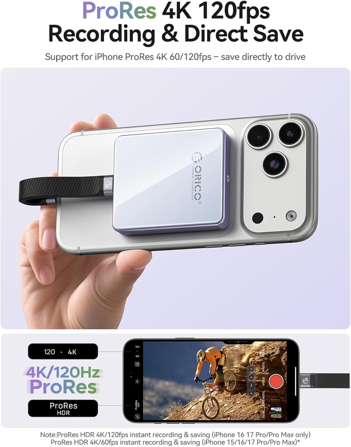 ORICO 10Gbps Magnetic M.2 NVMe SSD Enclosure with PD100W Charging Port 4K ProRes Recording Max 2TB for iPhone 17/16/15 Pro/Pro Max/Plus Support SSD Size 2230/2242 B+M M-Key Diskless AP42P (Black)