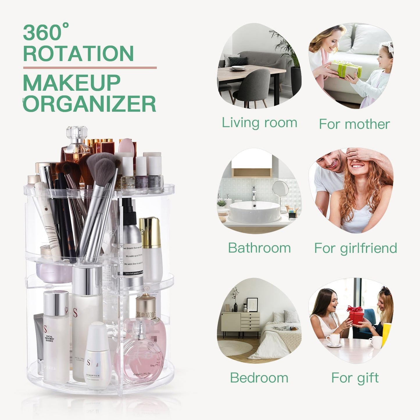 360 Rotating Makeup Organizer,DIY Adjustable Spinning Holder,Foldable Cosmetic Storage Display box,Large Capacity Make up Caddy Shelf,Fits Countertop Vanity and Bathroom (CLEAR)