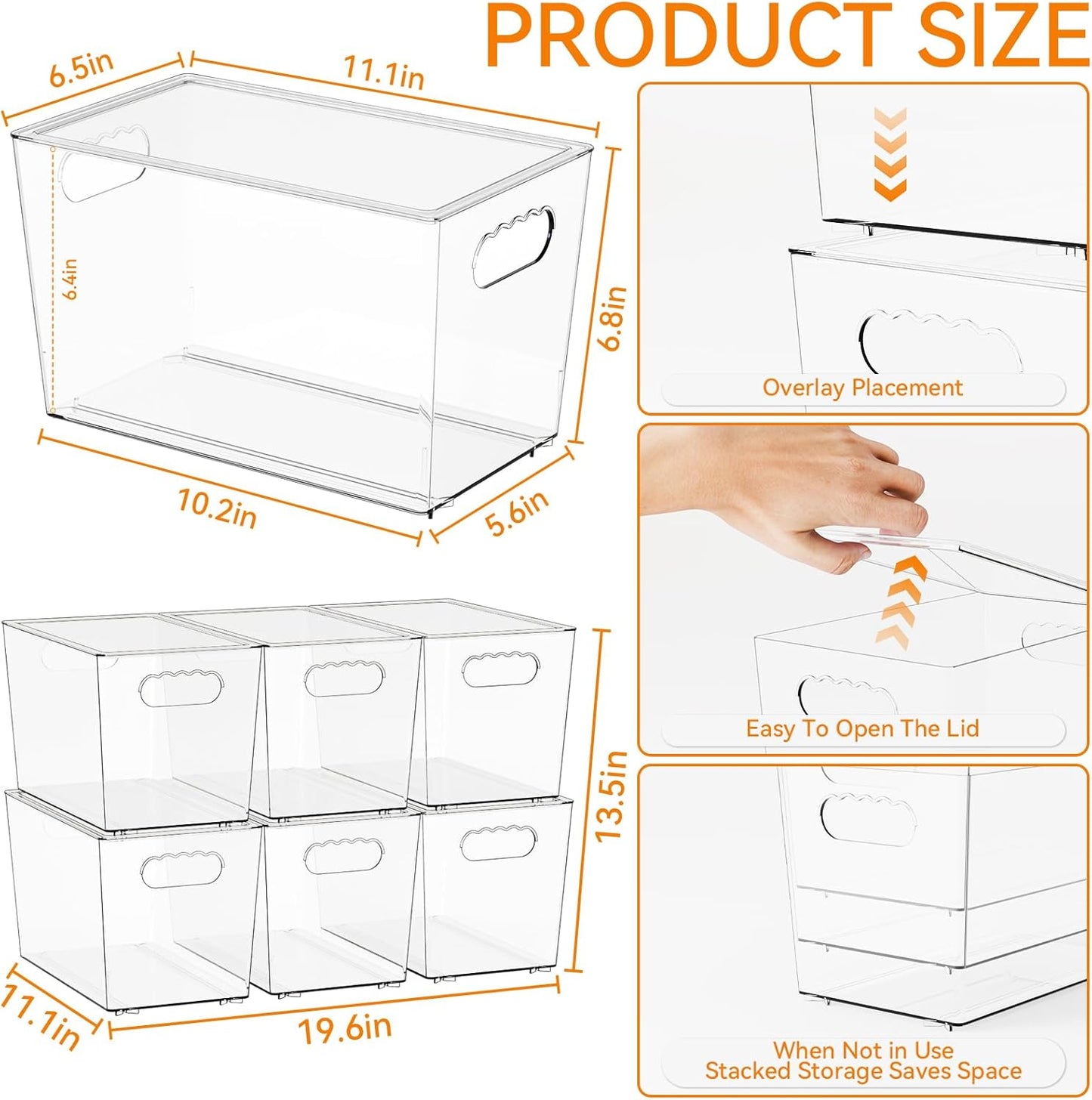 Yieach 6 Pack Clear Stackable Storage Bins with Lid & Handle,11.1″ Acrylic Bins,Plastic Pantry Organizers Containers for Fridge,Kitchen,Closet,Clear Storage Boxes with Lids for Organizing Toy,Snacks