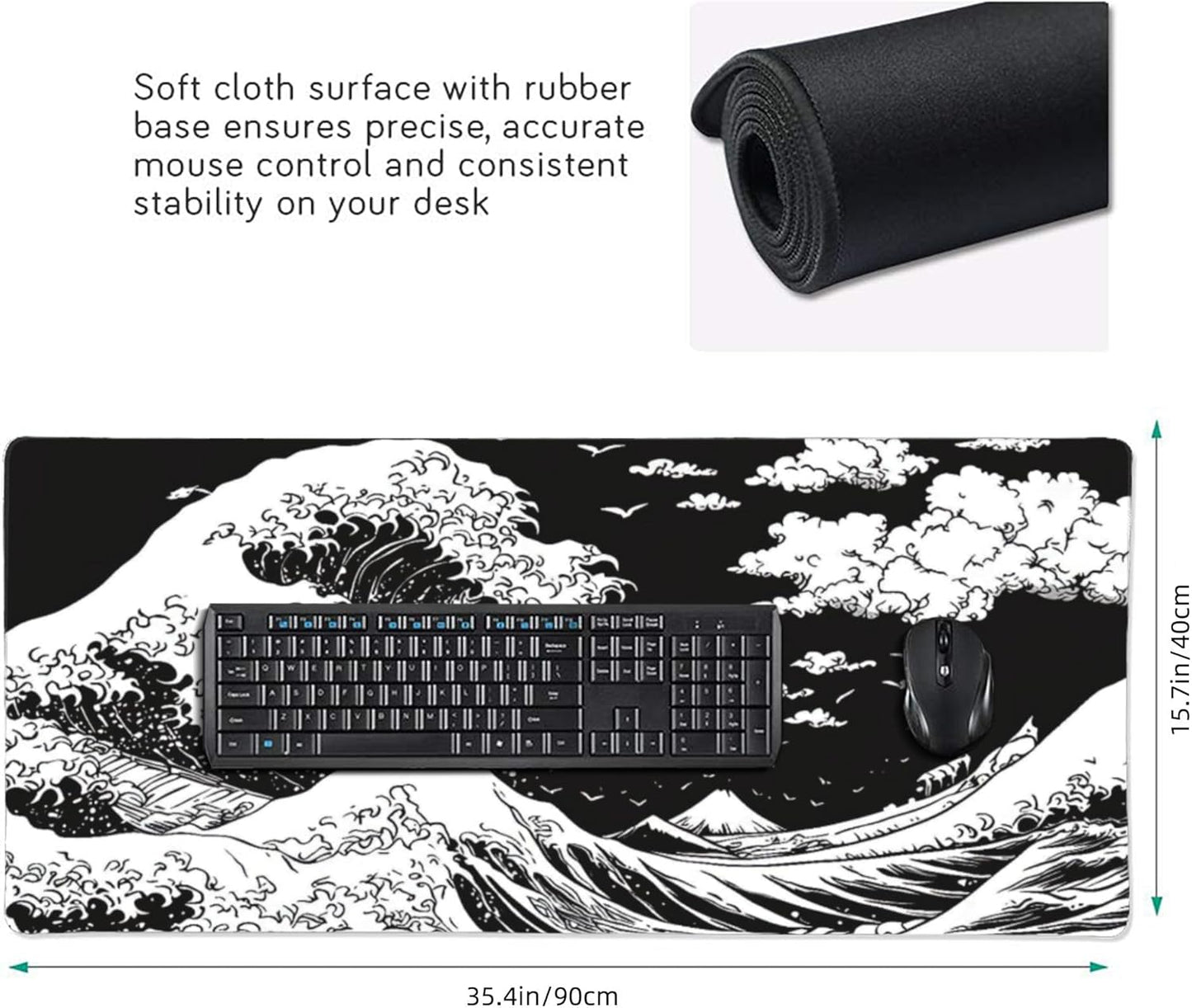Japanese Sea Wave Large Mouse Pad, Anime Style Gaming Desk Mat, XXL Keyboard Desk Pad Mat for Desktop, 35.4"x15.7" Non-Slip Base Big Mousepad with Stitched Edges
