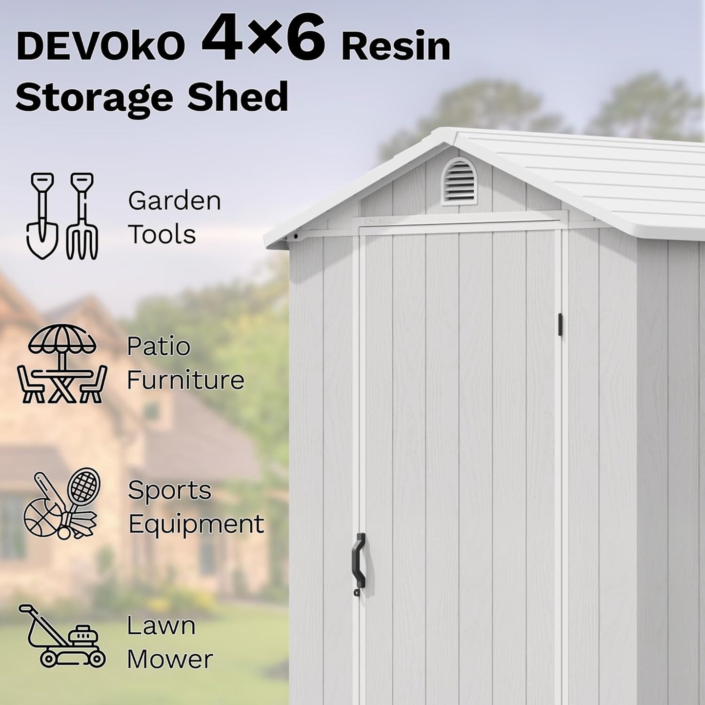 Devoko 4x6 FT Outdoor Storage Plastic Shed, Waterproof Resin Garden Shed with Lockable Door, Floor & Window, All-Weather Tool Shed for Backyard, Patio, Lawn, Poolside
