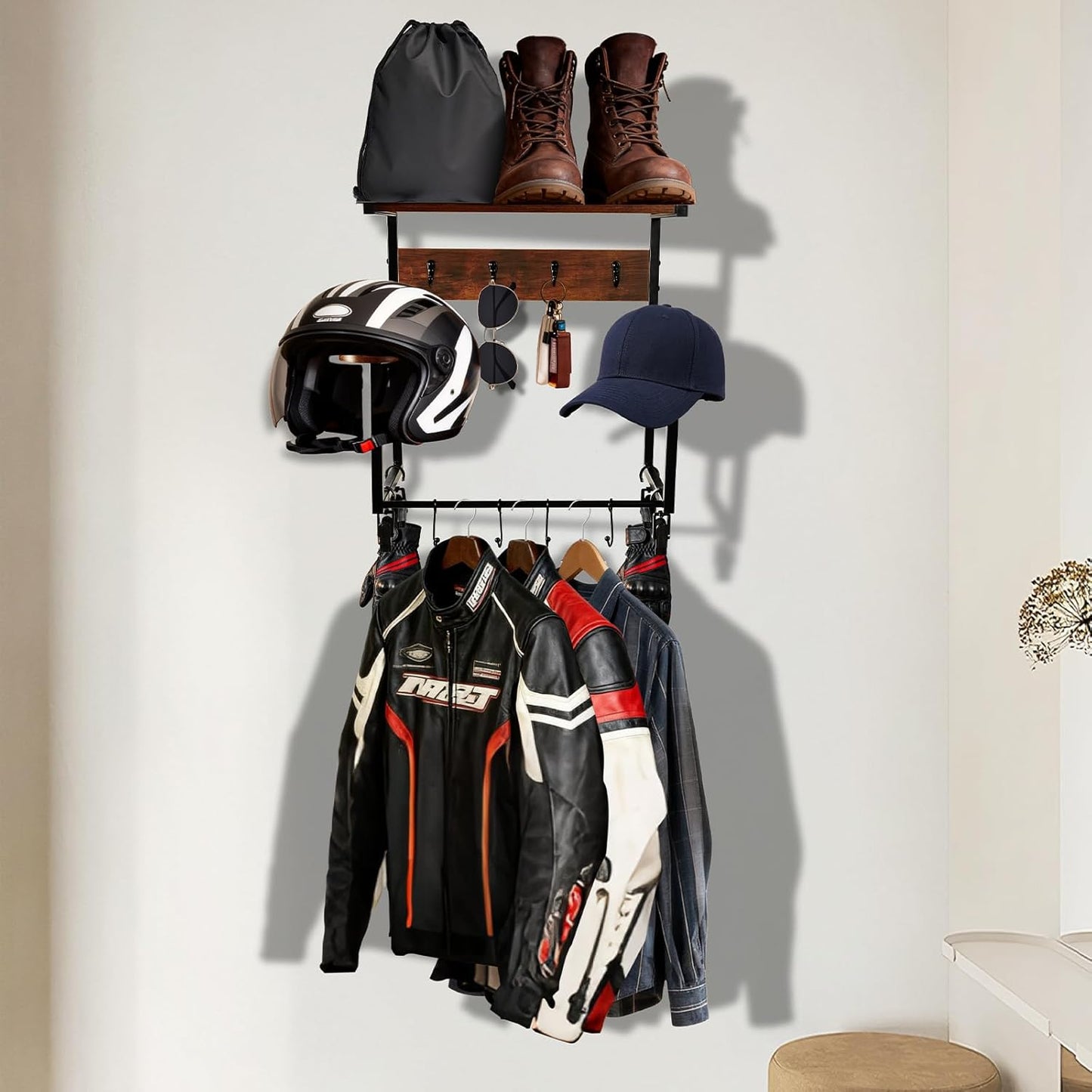 Motorcycle Helmet Holder Wall Mount, Wooden Helmet Display Stands with Metal Frame Tiered Organizer,with 2 Helmet Rack,4 Glove Chips and 8 Hooks for Motorcycle Gear Accessories Storage