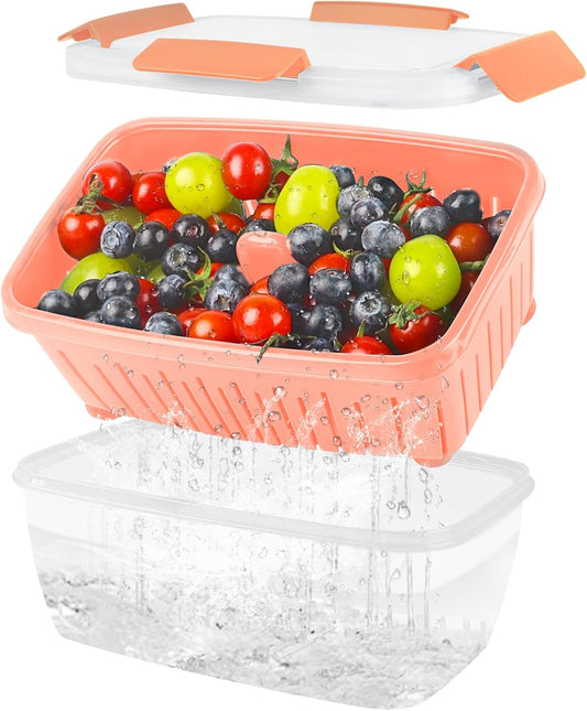 68oz Berry Keeper Fruit Storage Container for Fridge, Fresh Food Produce Saver Containers with Removable Drain Colander, Vegetable Lettuce Keeper Bowl, Refrigerator Organizer, PRESS TO OPEN CLOSE LID