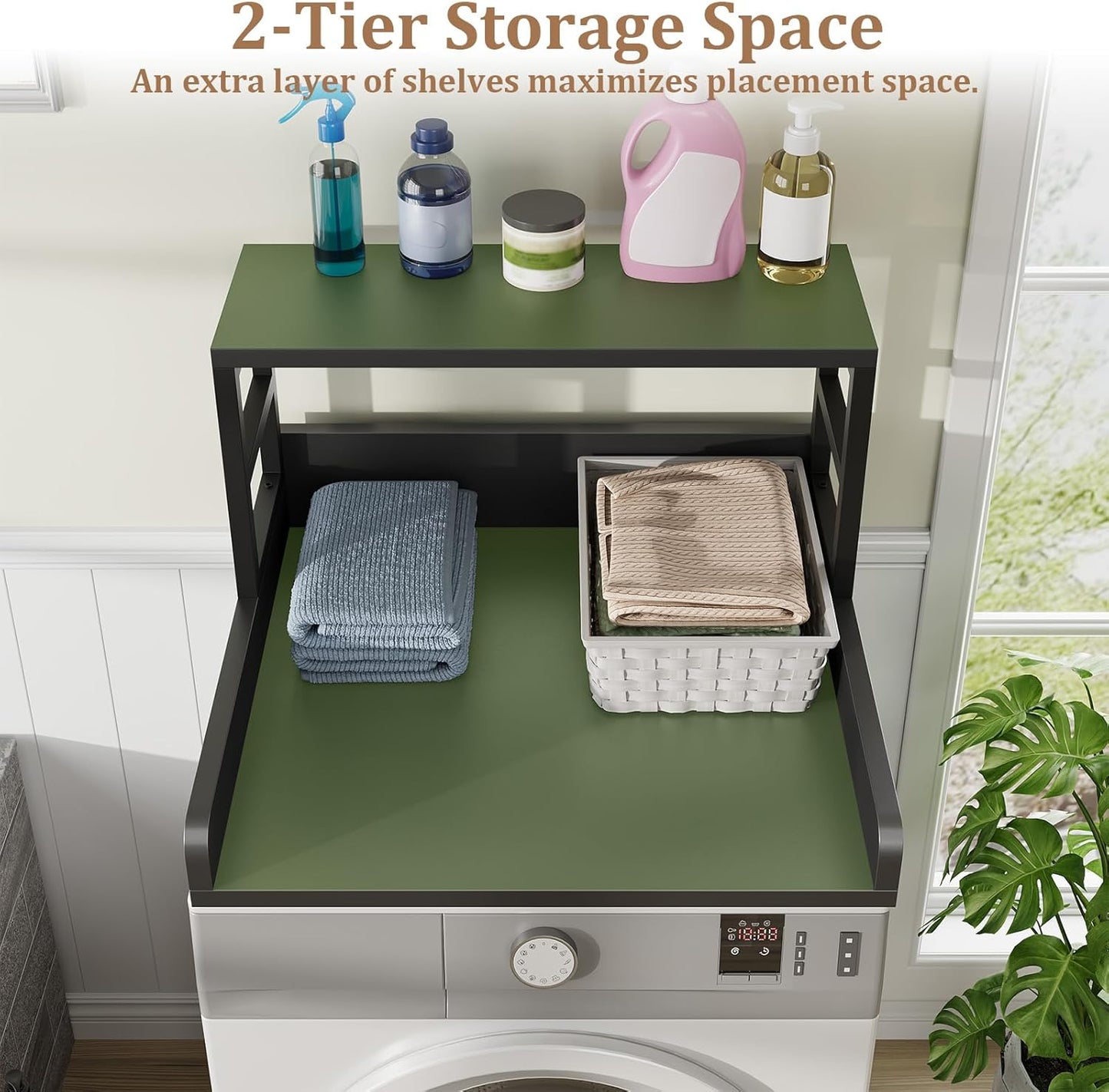Washer Dryer Countertop with Shelf, 27.5″D x 27.5″W x 16.7″H, Countertop for Washer and Dryer Top with Non-Slip Pads and Edge Rails, Laundry Room Storage and Organization(Black)