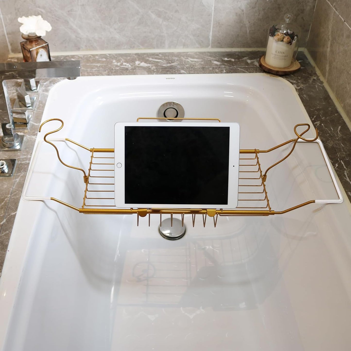 BESTHLS Bathtub Tray Caddy for Luxury Bath Expandable Extra Wide Bath Tub Tray with Wine Glass Holder & Soap Accessaries Holder & Laptop Reading and Organizer Ideal for Home Spa Lover (Copper)