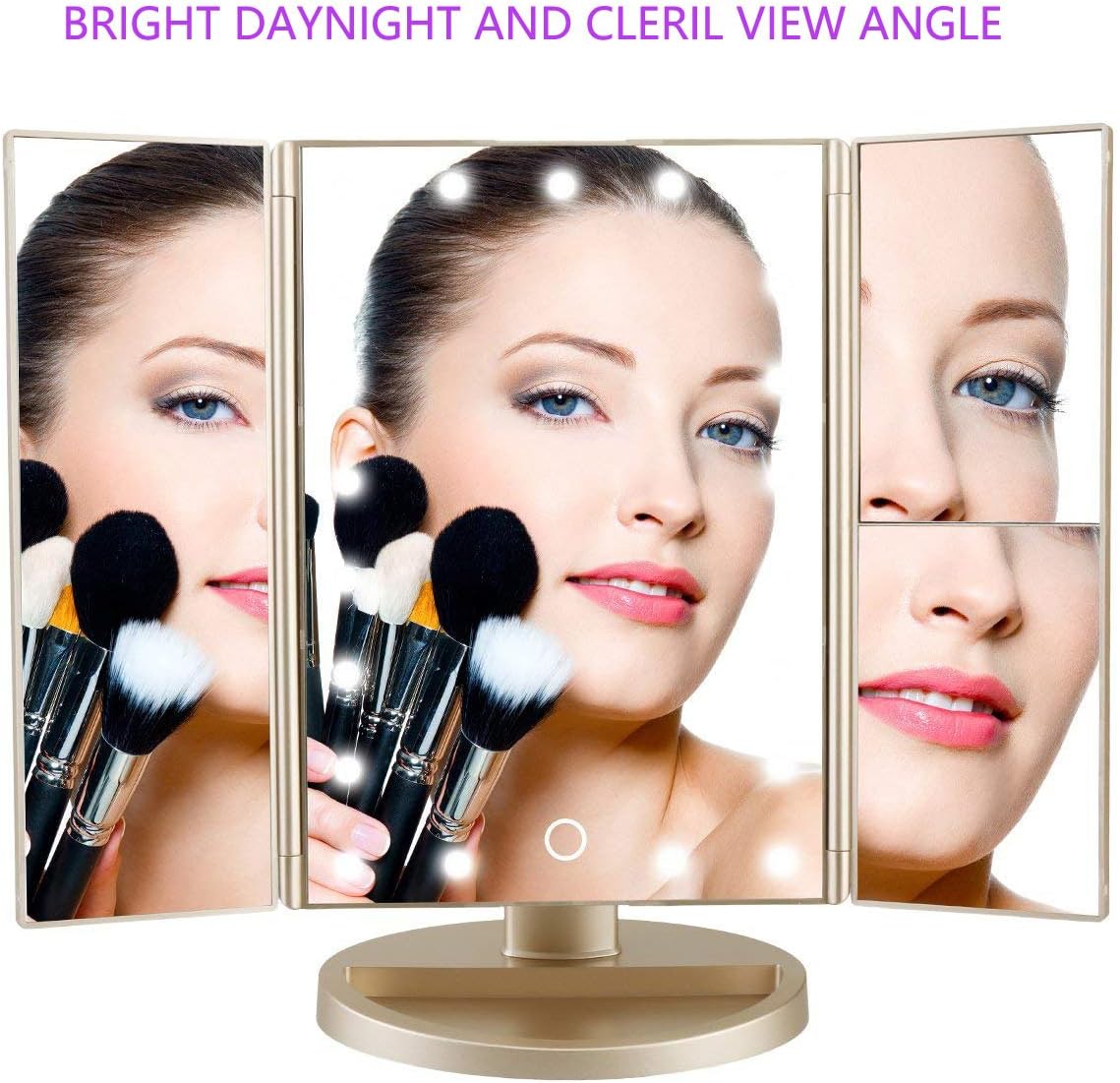 deweisn Floor Mount Tri-Fold Lighted Vanity Mirror with 21 LED Lights, Touch Screen and 3X/2X/1X Magnification, Two Power Supply Modes Make Up Mirror,Travel Mirror