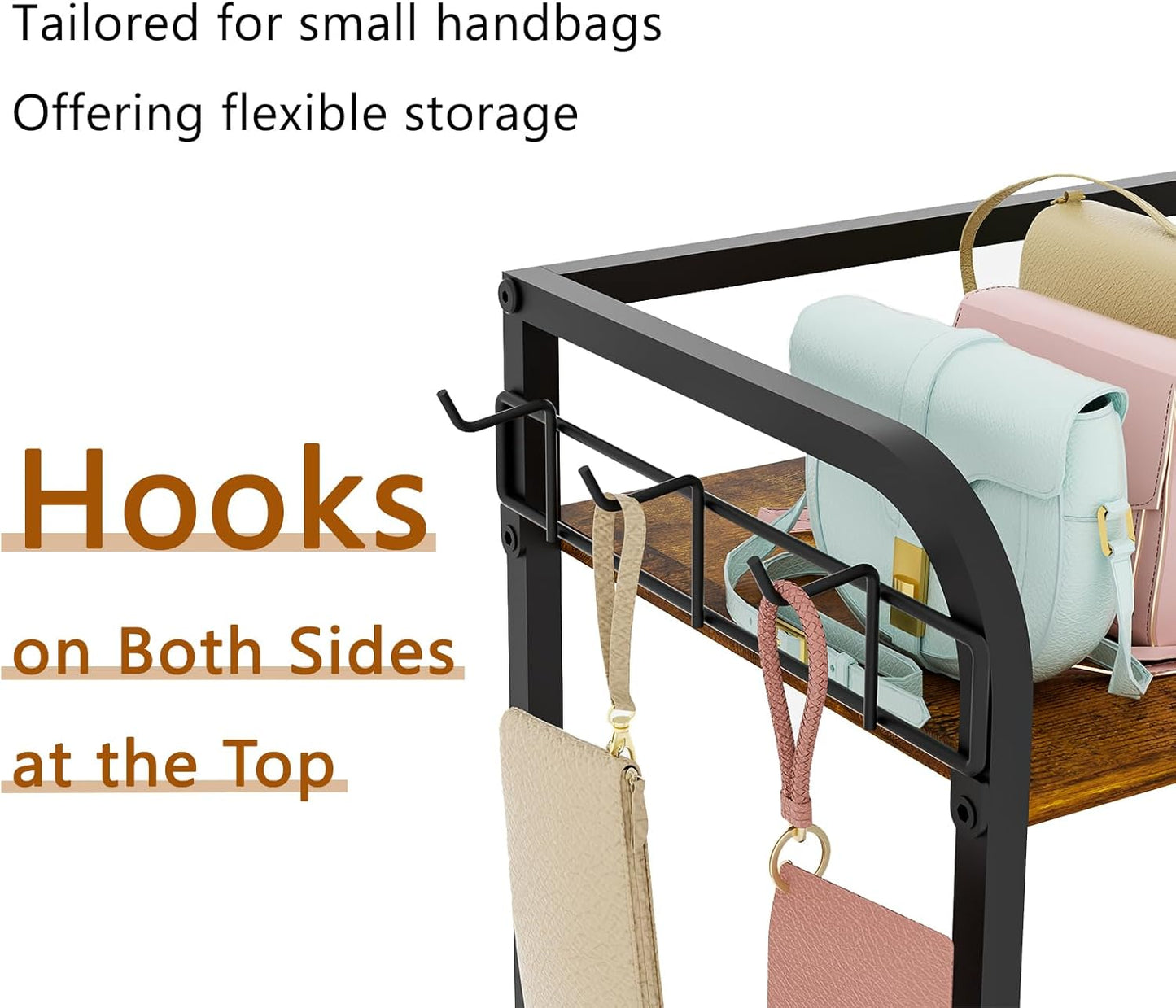 Iron & Wood Floor-Standing 3-Tier Purse Rack with Adjustable Feet, High-Capacity Bag Organizer for Closet, Patent Pending