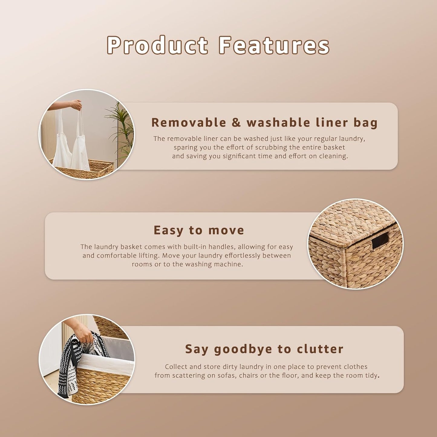 Laundry Hamper with Lid and Removable Liner Bag, Handwoven Natural Hyacinth Clothes Hamper with Heightened Feet, Wicker Laundry Basket for Clothes and Towels，Small