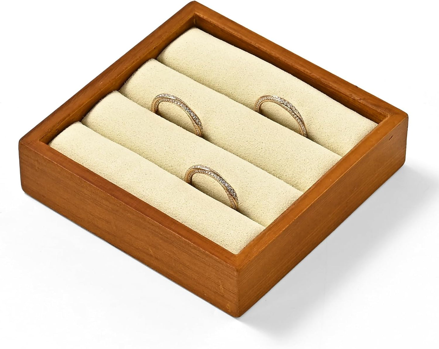 Solid Wood 3-Slots Jewelry Ring Display Tray Showcase Small Jewelry Display Organizer Tray for Rings(S,Beige)