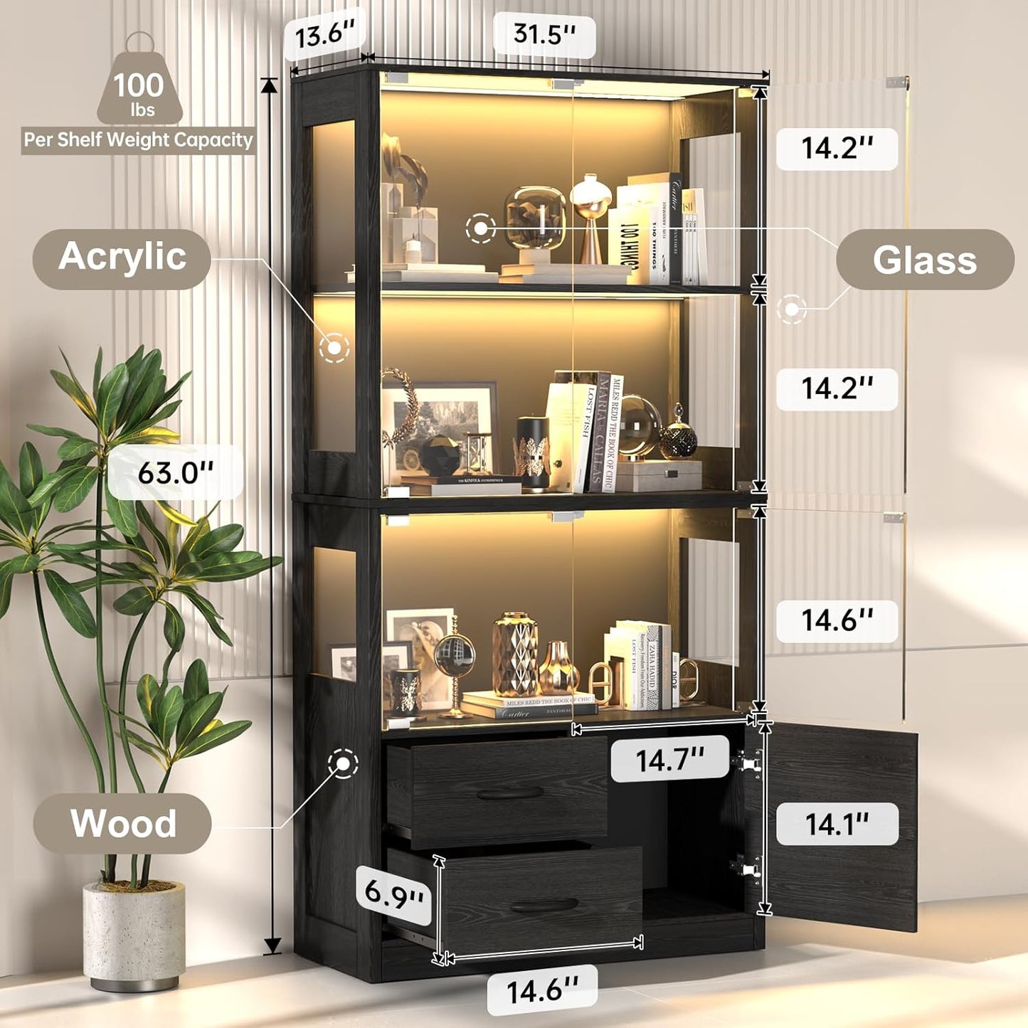 Display Cabinet with Glass Doors, 4-Tier Display Case with 3-Color Lights & Human Body Sensor, Storage Cabinets with 3 Shelves & 2 Drawers for Collectibles/Living/Dining/Game Room, Black Oak