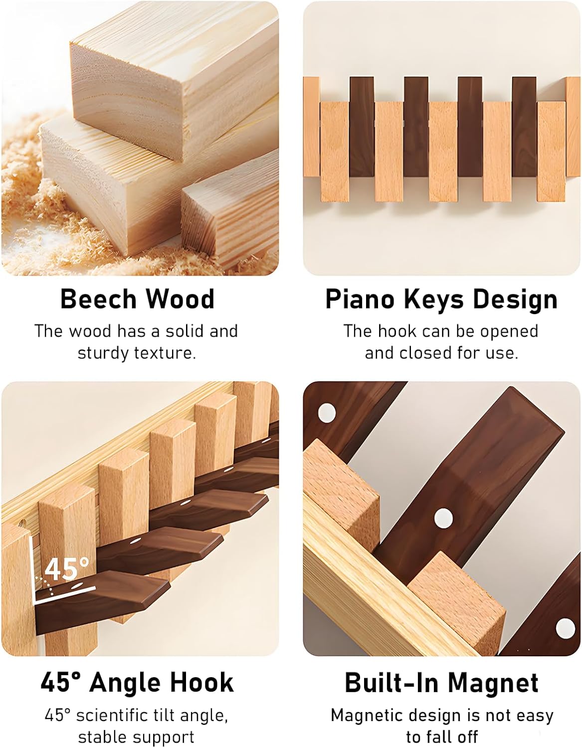 Wooden Wall Hooks,Beech Wood Coat Rack with Magnetic Closure with 4 Hooks, 45° Angle Rust-Proof Entryway Hooks for Sturdy Hanging, Eco-Friendly Finish for Hallway, Bedroom, Bathroom