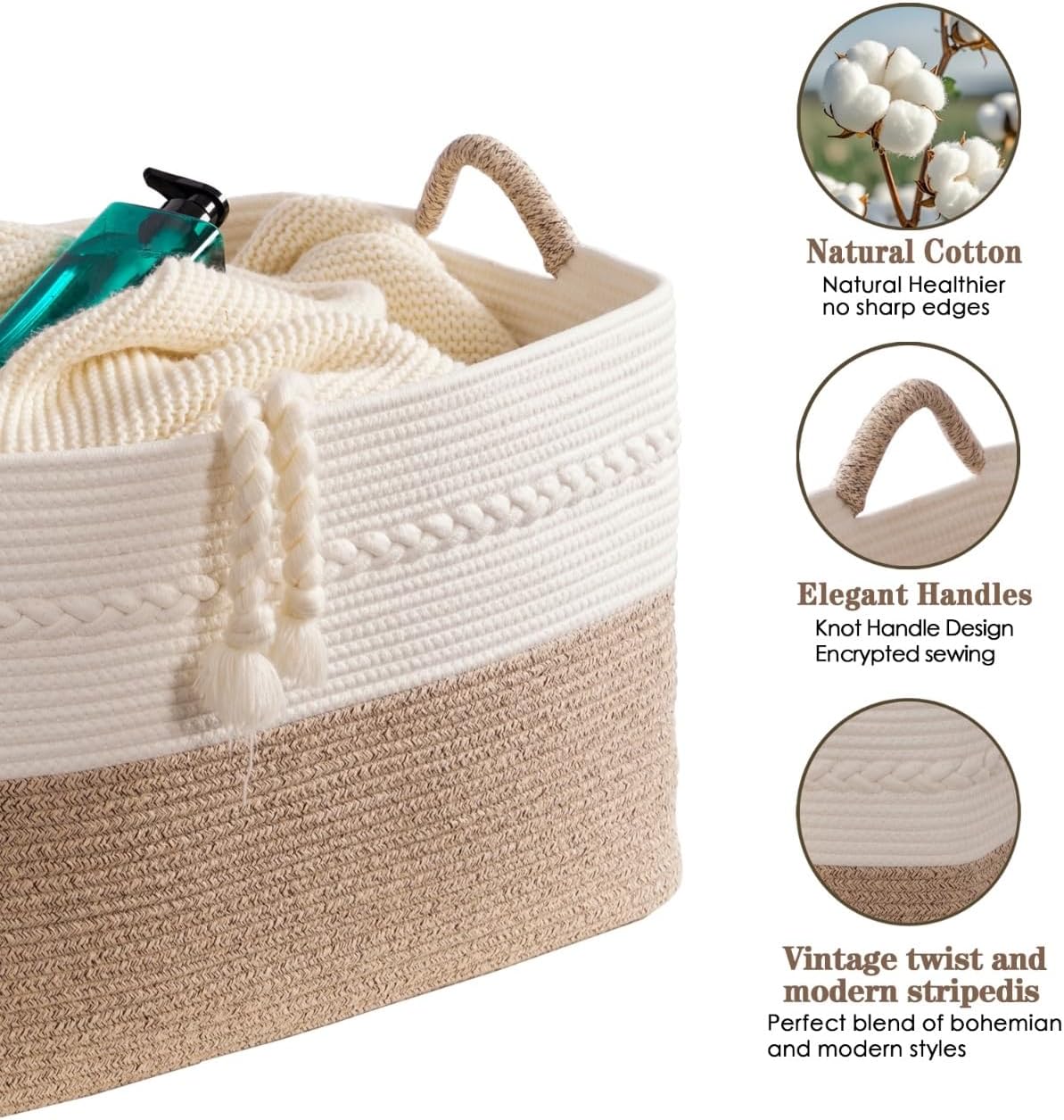 Decorative laundry basket with handles woven from natural cotton rope storage blankets for living room cute boho quilted gift baskets for clothes pillows toys 20"x14"x10",white/brown